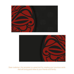 Vector business card design in black color with mask of the gods patterns. Stylish business cards with a place for your text and a face in a polizenian style ornament.