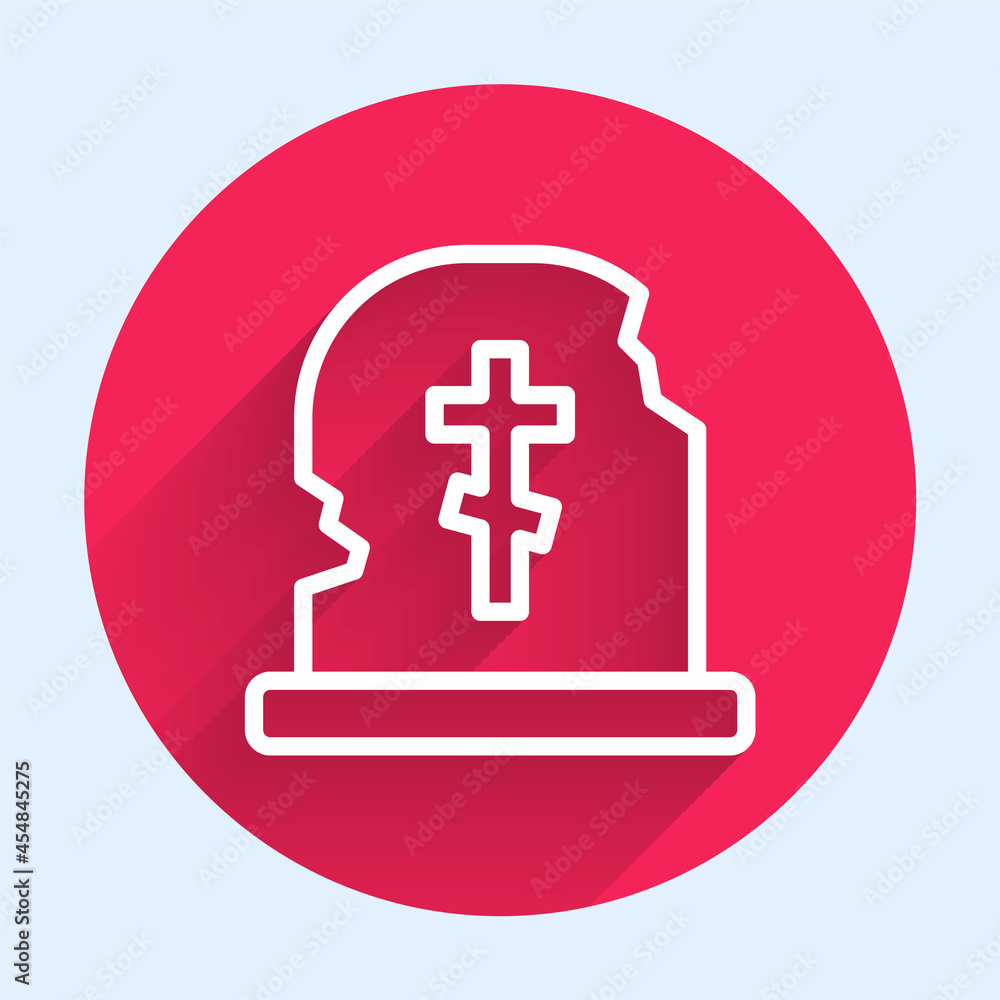 Poster white line grave with tombstone icon isolated with long shadow. red circle button. vector