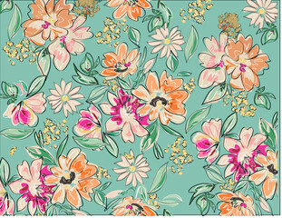 Fototapeta na wymiar seamless floral pattern pink and mint 