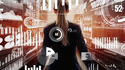 Big Data Technology for Business Finance Analytic conceptual . Modern graphic interface shows massive information of business sale report, profit chart and stock market trends analysis .