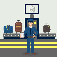 Customs control officer checking luggage x-rays. Luggage airport carousel. Baggage suitcases scanning, luggage conveyor belt with bags and suitcases. Luggage examination concept. 