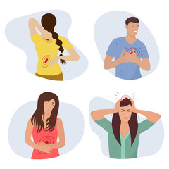 Set of people with different body pain: headache, abdominal pain, heart pain, back and neck pain. Flat cartoon colorful vector illustration.