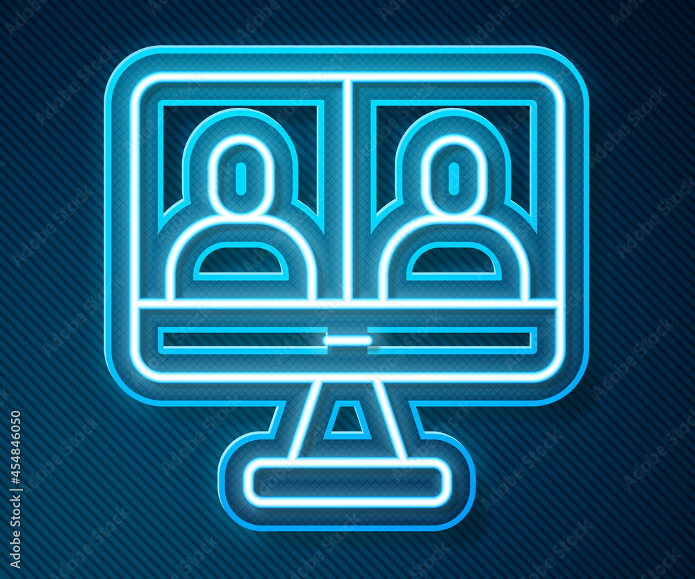 Poster glowing neon line video chat conference icon isolated on blue background. computer with video chat i