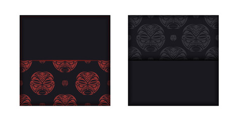 Vector invitation card with place under your text and face in polizenian style ornaments. Ready-to-print postcard design in black with mask of the gods patterns.