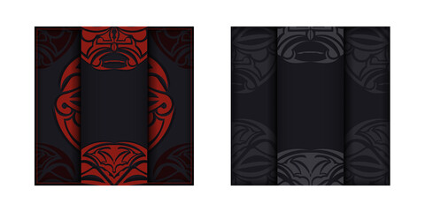 Vector Prepare your invitation with a place for your text and a face in a polizenian style ornament. Ready-to-print postcard design in black with mask of the gods patterns.