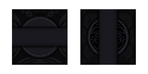 Vector invitation card with a place for your text and a face in a polizenian style ornament. Design of a postcard in black with a mask of the gods patterns.