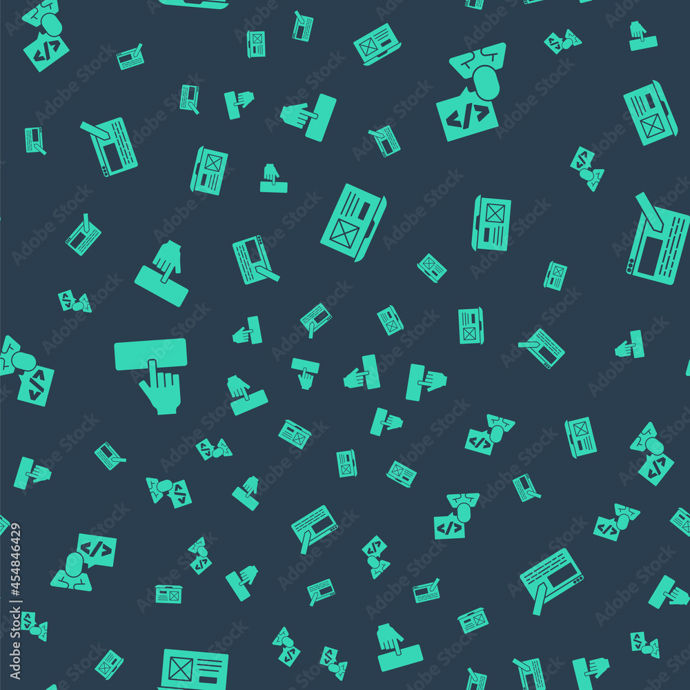 Poster set ui or ux design, front end development, keyboard and on seamless pattern. vector