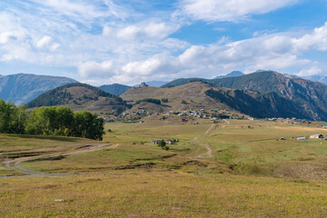 Panoramic view to Omalo mountain village in Tusheti nature reserve. Georgia