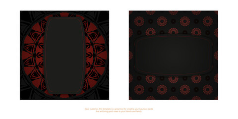 Luxurious Template for print design postcards in black color with red Greek ornaments. Preparing an invitation with a place for your text and abstract patterns.