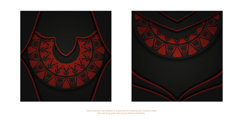 Luxurious design of a postcard in black color with a red Greek ornament. Invitation card design with space for your text and abstract patterns.