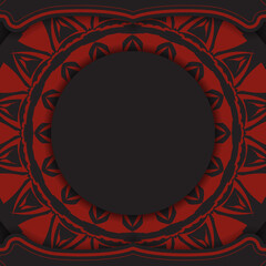 Luxurious design of postcard in black color with red Greek patterns. Vector invitation card with place for your text and abstract ornament.