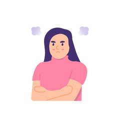 illustration of a woman who is sulking, angry, and upset. people's facial expressions. annoyed with someone or something. flat cartoon style. vector design