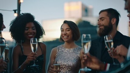 stylish group of friends celebrating making toast to glamorous party event drinking champagne at formal social gathering enjoying rooftop celebration at sunset 4k