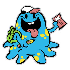 Cartoon illustration of Alien holding pencil and book, wearing backpack and cap, get ready back to school, best for decal, mascot, and logo with education themes