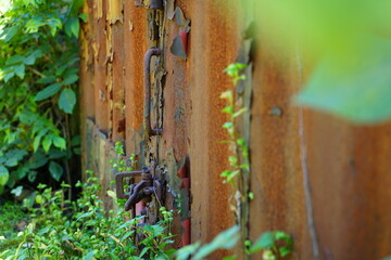 蔦に覆われた廃コンテナの倉庫の扉と鍵