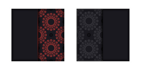 Template for postcard print design with abstract patterns. Black banner with Greek red ornaments and place for your logo.