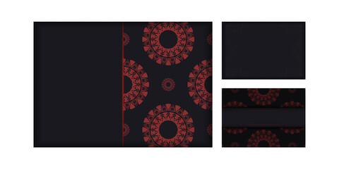 Postcard design with abstract patterns. Black banner template with Greek red ornaments and place for your logo.