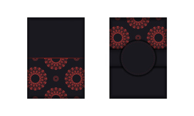 Print-ready postcard design with abstract ornament. Black banner template with greek red ornaments and place for your text.