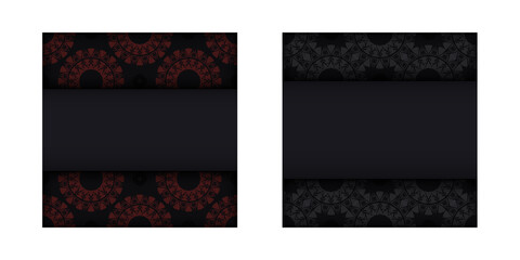 Template for postcard print design with abstract ornament. Black vector banner with greek red ornaments and place for your logo and text.