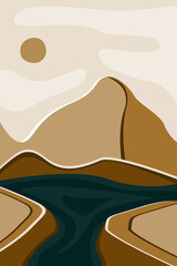 Abstract nature, sea, sky, sun, river, rock mountain landscape poster. Geometric landscape background in scandinavian boho style. Vector illustration minimalist flat style