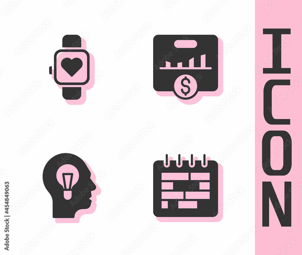 Poster set calendar, smart watch, human with lamp bulb and key performance indicator icon. vector