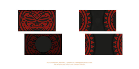 Vector design of a postcard in black color with a mask of the gods. Design of the invitation with a place for your text and a face in a polizenian style ornaments.