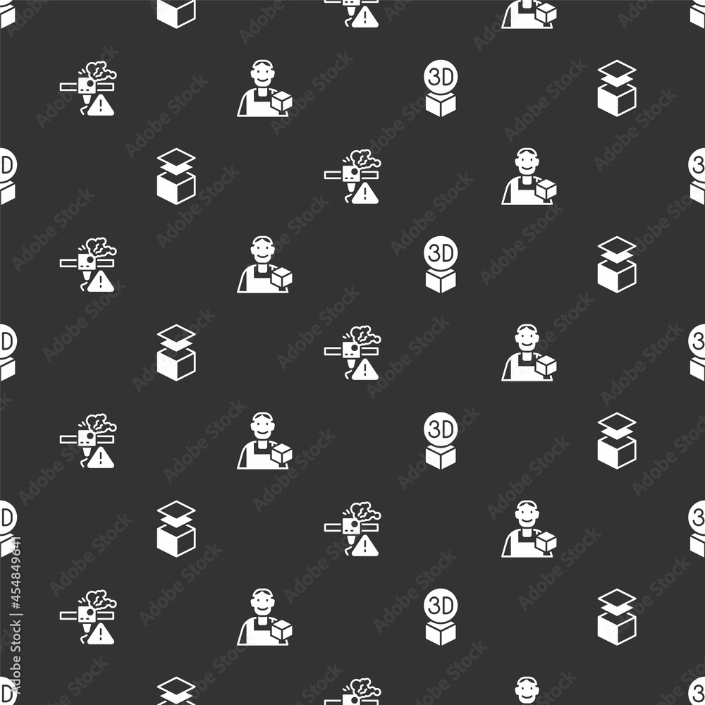Poster set isometric cube, layers, 3d printer warning and graphic designer on seamless pattern. vector