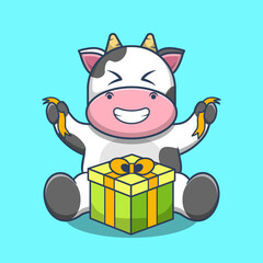 Happy Cow get a gift cartoon vector illustration. Birthday Themed Icon Illustration. Cow Cartoon Flat Design Style.