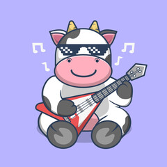 Cute Cow Playing Guitar Wearing Sunglass cartoon vector illustration. Animal Music Themed Icon Illustration.
