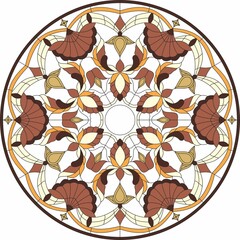 Vector circle from a floral pattern. Round vegetative brown pattern, pattern for stained glass. Glass for ceilings, walls, niches or windows. Ornament from branches
