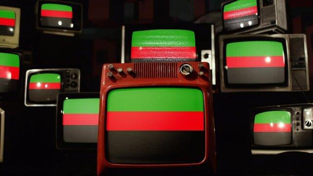 Republic of New Afrika Flag and Vintage Televisions. 4K Resolution.