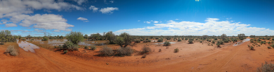 Panoramamic view of the desert in the Australian outback after heavy rain showing large pools of...