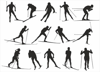 Vector set of running skiers. Silhouettes of sports people, athletes
