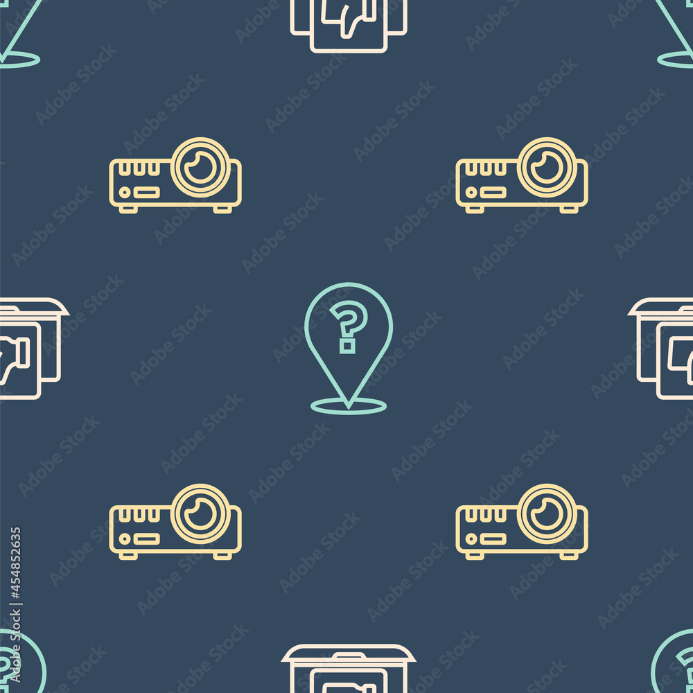 Poster Set line Hand like, Media projector and Question mark on seamless pattern. Vector