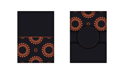 Luxurious Template for print design postcards in black color with orange patterns. Preparing an invitation with a place for your text and vintage ornaments.