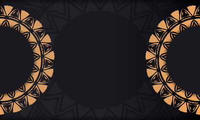 Luxurious vector Template for print design postcard in black color with orange ornaments. Preparing an invitation card with a place for your text and vintage patterns.