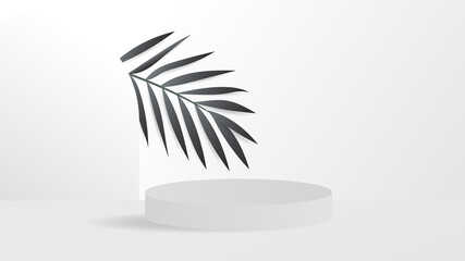 Abstract backdrop for product display, tropical foliage and white podium and crimson background , 3d podium for presentation,  illustration 3d Vector EPS 10