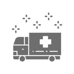 Ambulance car, emergency medical truck, hospital transport grey icon.
