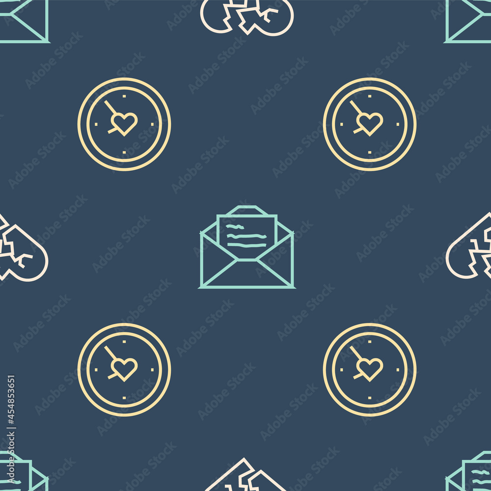 Poster set line broken heart or divorce, clock with and greeting card on seamless pattern. vector