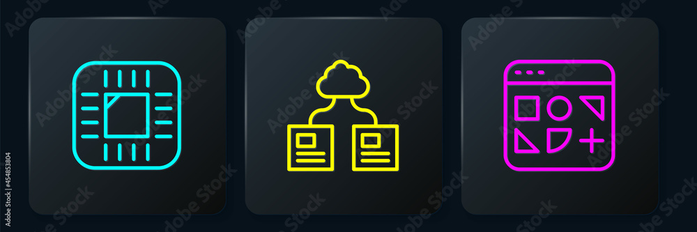 Poster Set line Processor with CPU, Different files and Cloud technology data transfer. Black square button. Vector