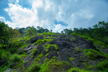 Fototapeta na wymiar Beautiful Tropical Rain forest Mountain under blue and white cloudy sky, Athirapally Kerala