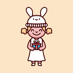 Kawaii little girl cartoon vector wearing bunny hat and holding gift boxes. Perfect for Nursery kids, greeting card, baby shower girl, fabric design.