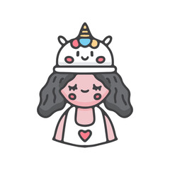 Kawaii little girl cartoon vector wearing unicorn hat. Perfect for Nursery kids, greeting card, baby shower girl, fabric design.