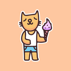 Kawaii cat cartoon vector holding ice cream. Perfect for Nursery kids, greeting card, baby shower girl, fabric design.