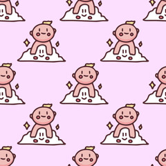 Kawaii baby in the cloud background seamless pattern. Perfect for Nursery kids, greeting card, baby shower girl, fabric design.