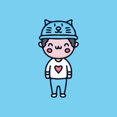 Kawaii kid boy cartoon vector wearing cat hat. Perfect for Nursery kids, greeting card, baby shower girl, fabric design.