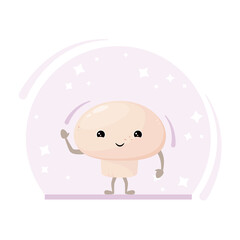 Funny mushroom on the background of stars. A cute vegetable in a cartoon style.