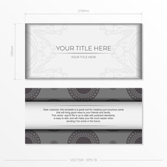 Luxurious vector Template for print design postcard white color with dark greek patterns. Preparing an invitation with a place for your text and vintage ornaments.