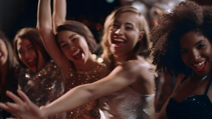 beautiful group of women celebrating glamorous party having fun enjoying extravagant nightlife together wearing gorgeous fashion on rooftop 4k footage