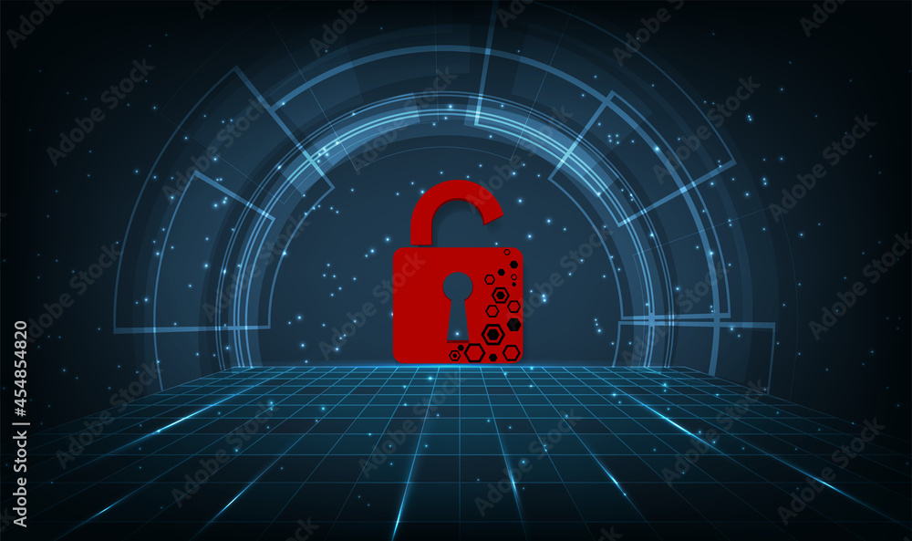 Leinwandbilder Cyber security attack technology concept.Padlock red open on  dark blue background.Cyber attack and Information leak concept.Vector illustration.EPS10
